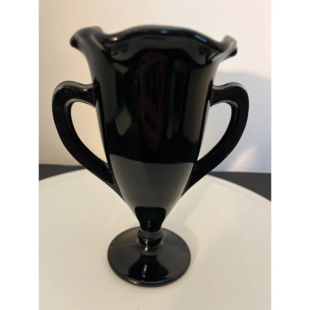 Vintage Black Glass Trophy Vase 2 Handles Round Base Ruffled Top 5 3/4” High